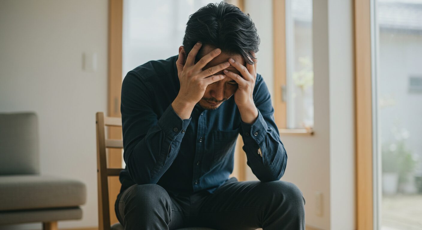 頭を抱えて椅子に座っている男性